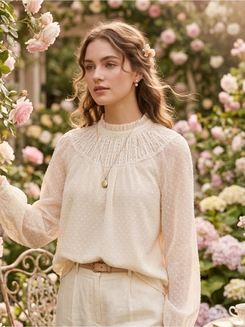 LOFT Cream Blouse Size S Cottagecore Victorian Sheer Feminine Romantic